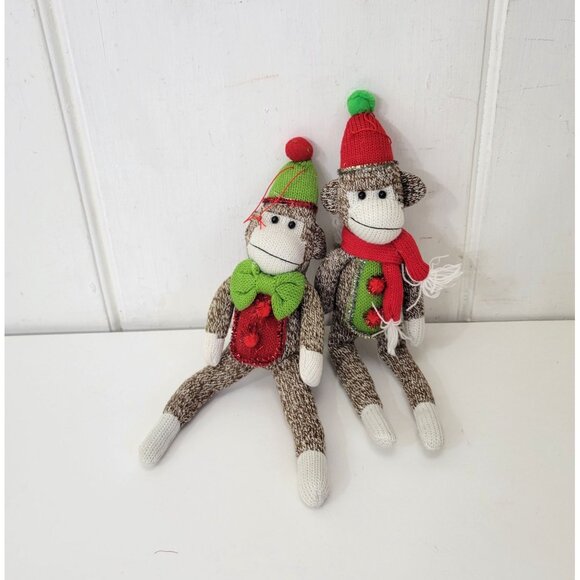 Sock Monkey Ornaments With Red and Green Christmas Hats & Scarves, Set of Two - Picture 5 of 5